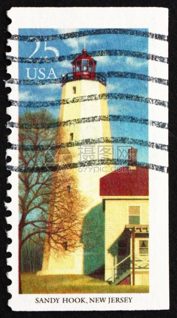 美利坚合众国190年美国CIRCA美国印刷的邮票显示SandyHook新泽西灯塔circa190一种致古董图片
