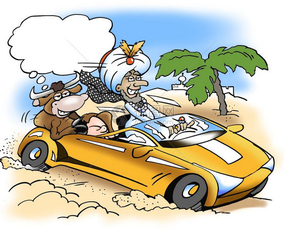 运动的漫画有钱酋长和神圣牛一起开车讽刺的图片