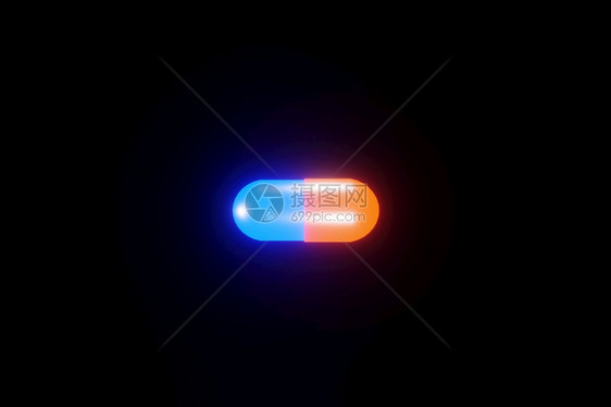 药片头痛麻醉剂蓝色和橙医用胶囊在黑底3D涂层上闪光图片