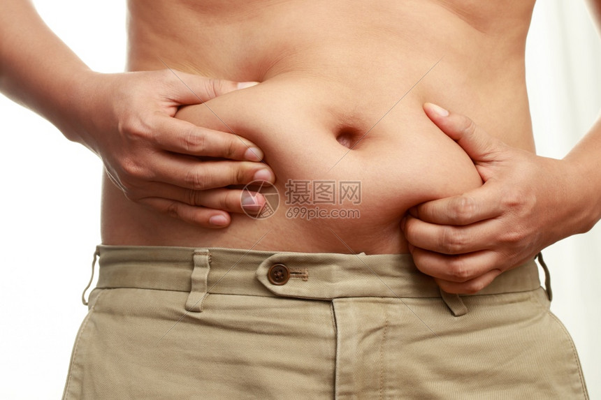 损失手肥胖的男人有超脂肪他正在饮食减肥男图片