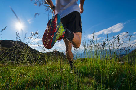 在山丘的草原上奔跑带着阳光和美丽的自然景观夏天循环跑图片