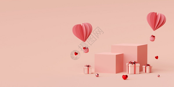 盒子玫瑰Podium带有心脏形状气球的Podium情人节横幅背景配有礼物盒3D投影问候图片