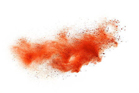 关闭白底孤立的橙色粉尘粒子喷射点以白色为背景大量的发光画图片