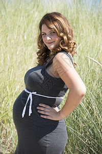 孕妇腹部怀着白丝带弓的在大自然中有稻草背景爱女士父母图片