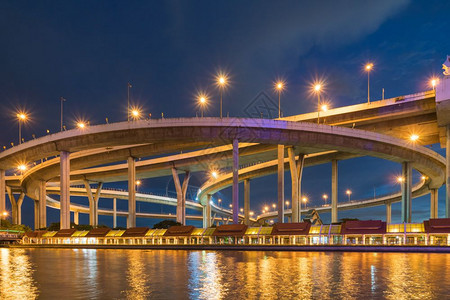 超过运输戒指BhumibolBridge位于河桥上双光减少交通堵塞图片