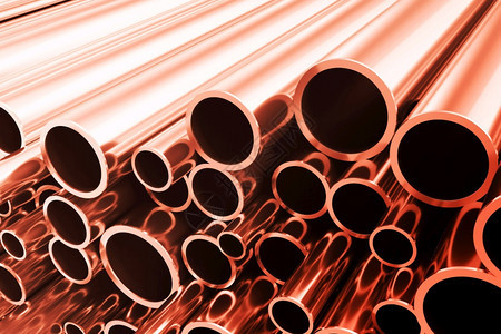 导管可选择的工业生产和重型冶金工业产品许多闪亮的钢管工业背景制造务生产概念具有选择聚焦效果的铜管3D插图工业生产和重型冶金工业产图片