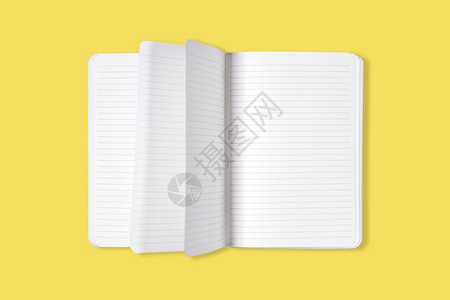 静止的出去白色笔记本或带有翻页的笔记本在黄色背景上隔绝于顶部视图TopViewBlankOpenOfficeNotpad或用黄色图片