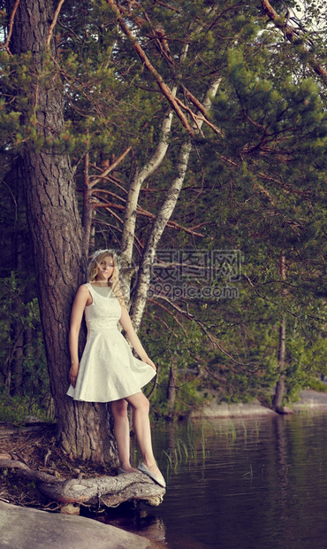 吸引人的支撑迷年轻女子身着白夏洋服仰向松树阳光明媚的夏日湖底背景天图片