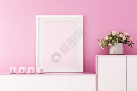 公寓黄色的3份模拟室内客厅设计图粉红色墙壁上贴有图片框情人节日背景长椅图片