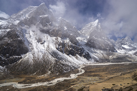 球体亚洲顶峰具有塔波切河谷和乔拉茨山峰的法里切河谷珠穆峰基地营在尼泊尔长途跋涉图片