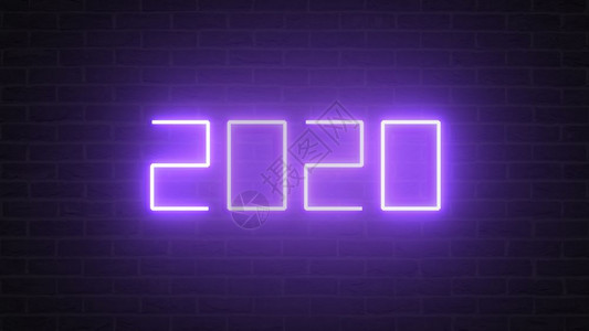 发光庆典20年新快乐砖墙上闪亮紫线灯光Glowing抽象和壁纸3D插图形设计氖图片