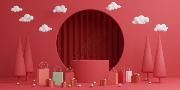 宣传册最起码的模拟现场讲台节日平化妆品舞展示冬季圣诞节红色背景配有树xmas3D铸造使成为红色的图片