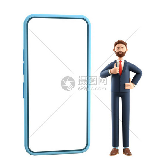 广告金融公司的仿佛笑快乐商人大电话显示手势冷酷3D插图漫画人穿着大拇指站立的卡通男子孤立在白色背景上图片