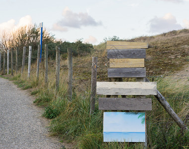 广告牌指针纸上空的木形指示器和签名板用绿草栅栏和背面道路将文字放入空白的背景图片