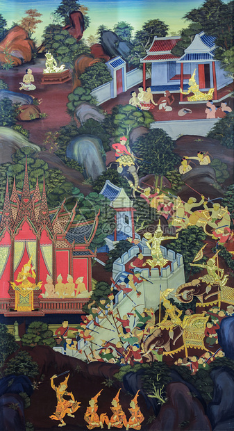 泰国曼谷佛像生命古老教寺庙壁画泰国曼谷的佛像古董人们大象图片