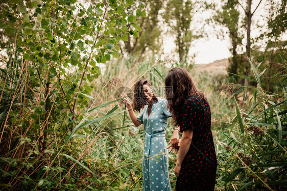 女朋友手两名身穿服装和运动鞋的女青年在田野中走过情绪图片