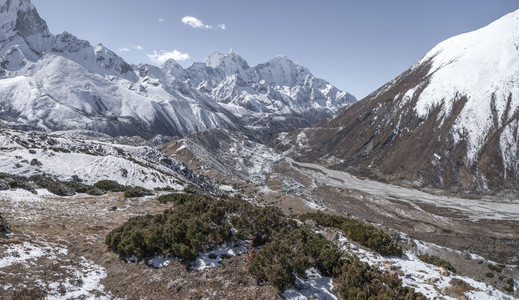 禁忌胆酸Pheriche河谷和喜马拉雅高峰会珠穆基地营在尼泊尔长途跋涉云图片