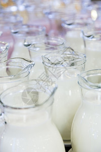 许多装牛奶和酸的玻璃罐子早餐食物奶油为了图片