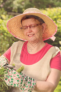 微笑丁香修剪成熟的女在花园里使用剪刀交叉处理图像图片