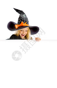 美丽的令人惊讶小女孩长金发在巫服装看下标志黑帽与网蜘蛛和橙色弓空间复制网络保持信息图片