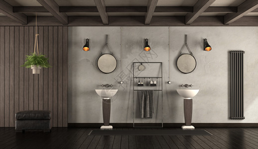 古老的洗手间用浴盆和手间用衣盆达克木制面板和脚凳3D涂层花盆乡村镶板图片