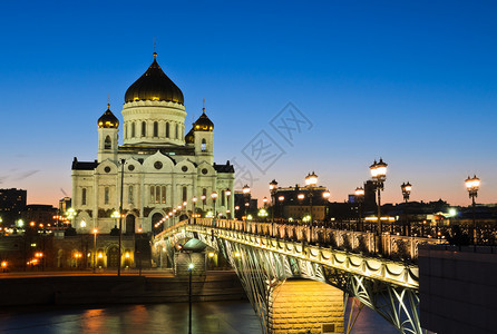 基督大教堂救世主在俄罗斯莫科黄昏时闪耀蓝色的宗教暮图片