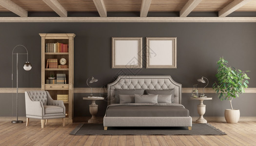 空白的室内古典风格主卧室有优雅的双床书架和Aemchaie3D制成经典风格的主卧室配有复式家具梁图片