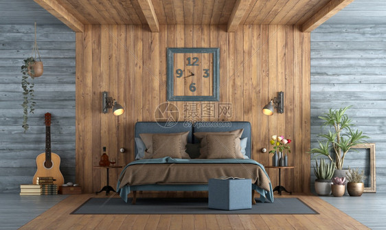 装饰风格硬木家具生锈式主卧室和蓝色双层与木板壁3D制成的机械式主卧室相比图片