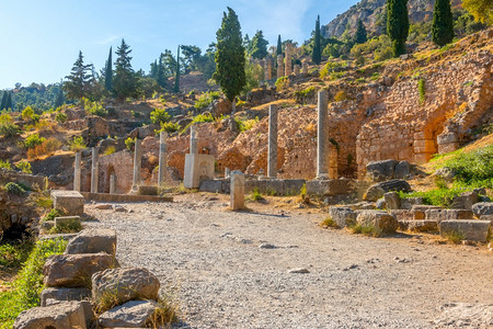 希腊语树木欧洲夏日阳光明媚的落希腊古废墟夏日阳光灿烂的落图片