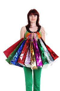 女手持白种孤立的彩色购物袋手持花样多彩的购物袋淑女快乐的消费主义图片