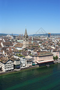 建筑学钟瑞士苏黎世市风景从林马特河旁的一座教堂塔上被带走会图片