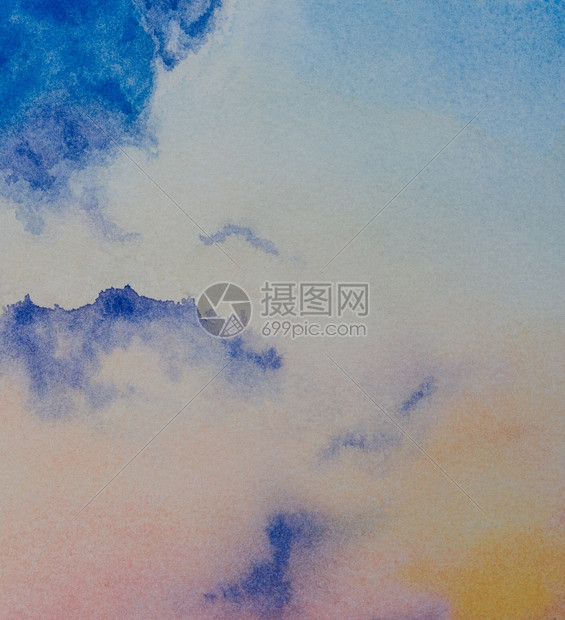 粉彩柔软的坡度抽象暮色天空水彩画背景际线和五颜六色的云彩手绘在纸上与纹理插图图片