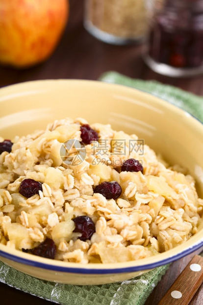 重点背部新鲜自制素食菜煮苹果燕麦红莓和肉桂粥后面的选择焦点中的成分焦点在松果VegenAppleOatmeal和Cranberr图片