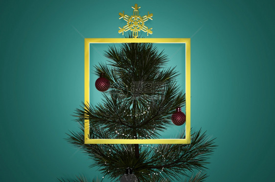 闪亮的3d插图d以模糊绿背景为标志和文本复制空间的圣诞树装饰标识金的图片