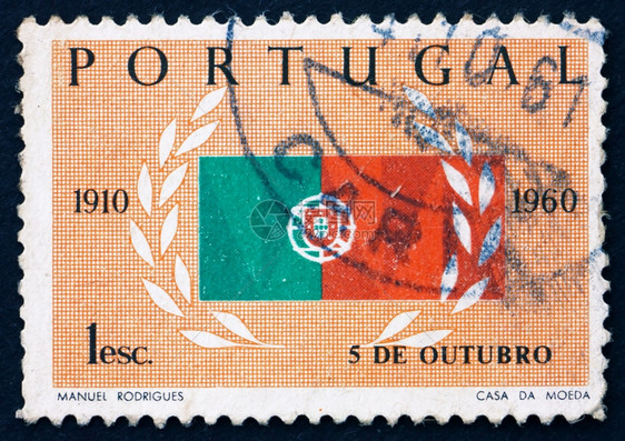 欧洲周年纪念日PORTOUGALCIRCA1960葡萄牙印刷的章显示和劳蕾尔共国五十周年1960服务图片
