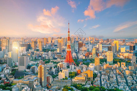 街道东京天际与塔的天际线全景黄昏图片