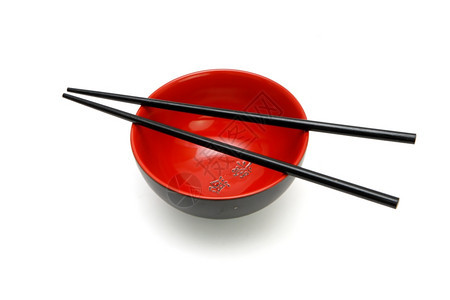 人晚餐红碗和黑的筷子与袋地内分泌隔离日本图片