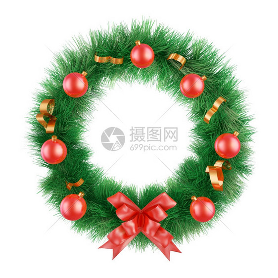 绿色一种圣诞花圈带丝和球在白色背景3D点缀图片