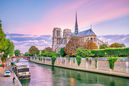 美丽的巴黎圣母院和清晨的塞纳河桥图片