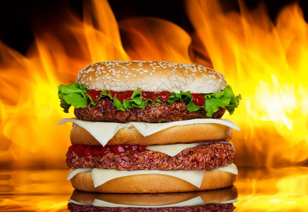 带火的汉堡包健康可口白色的图片