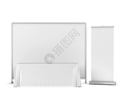 空白的标识户外带背景和滚动横幅的空白交易式桌布模拟白色背景上孤立的3D插图图片