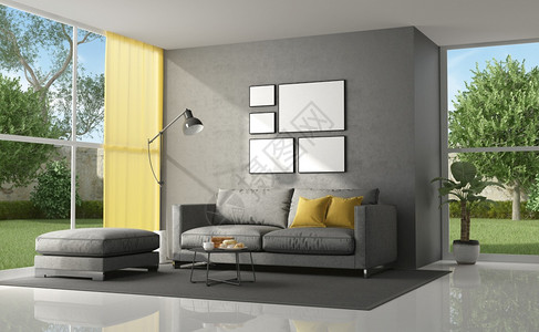 长椅渲染极简主义者一座现代别墅的客厅里面有灰色沙发和黄坐垫3D为一座现代别墅的客厅图片