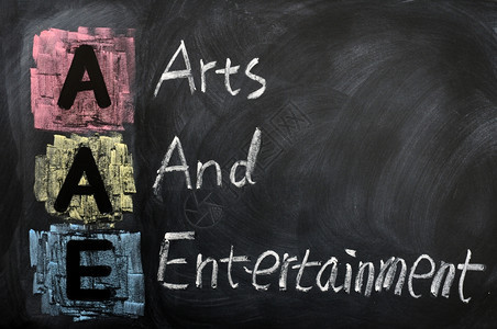以黑板粉笔写作的AAE艺术和娱乐节日缩写白色的单词颜图片
