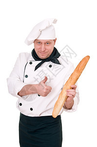 在白色背景中孤立的厨师显示正常工作外套协议图片