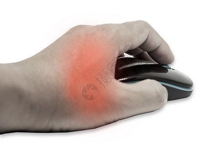 疼痛过分使用白背景与剪切部分隔绝的鼠标造成商人男子手痛在白背景上出现手腕商业图片
