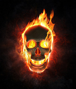邪恶的头骨燃烧在火焰中3D转化为颅骨人类火热图片