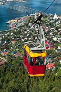 特罗姆索市上空有桥的电缆汽车和背景的北极大教堂挪威特罗姆索市之上有电缆汽车斯堪的纳维亚语假期图片