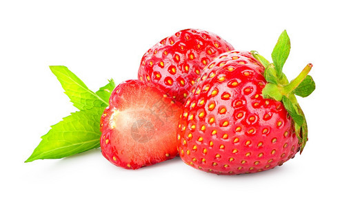 在白色背景上隔离的草莓和薄荷水绿色果生的图片