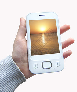 白色的现代智能手机屏幕上的日落图像在手上孤立白色背景上手机在人孤立现代通信智能手机与日落图像在屏幕上手孤立白色人类触碰图片
