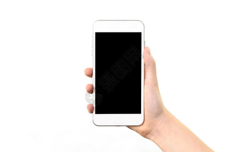 反应灵敏技术将通用的现代白色和银数字智能手机装在妇女中并隔离在白色背景上电子的图片